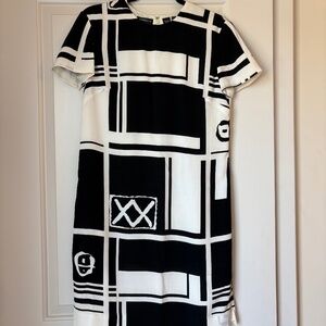 Liz Claiborne Womens Geometric Pattern Shift Dress Back Zip White Black Size 6